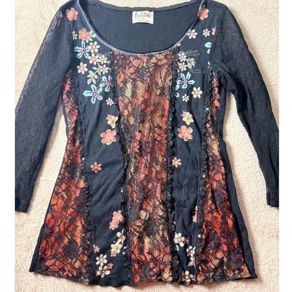 Edista Floral Lace Top Small Whimsigoth Mesh Y2K Grunge Witchy Fairyore